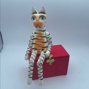 Handcrafted Wooden Cat Figurine Orange and Black Stripes shelf sitter 11” READ